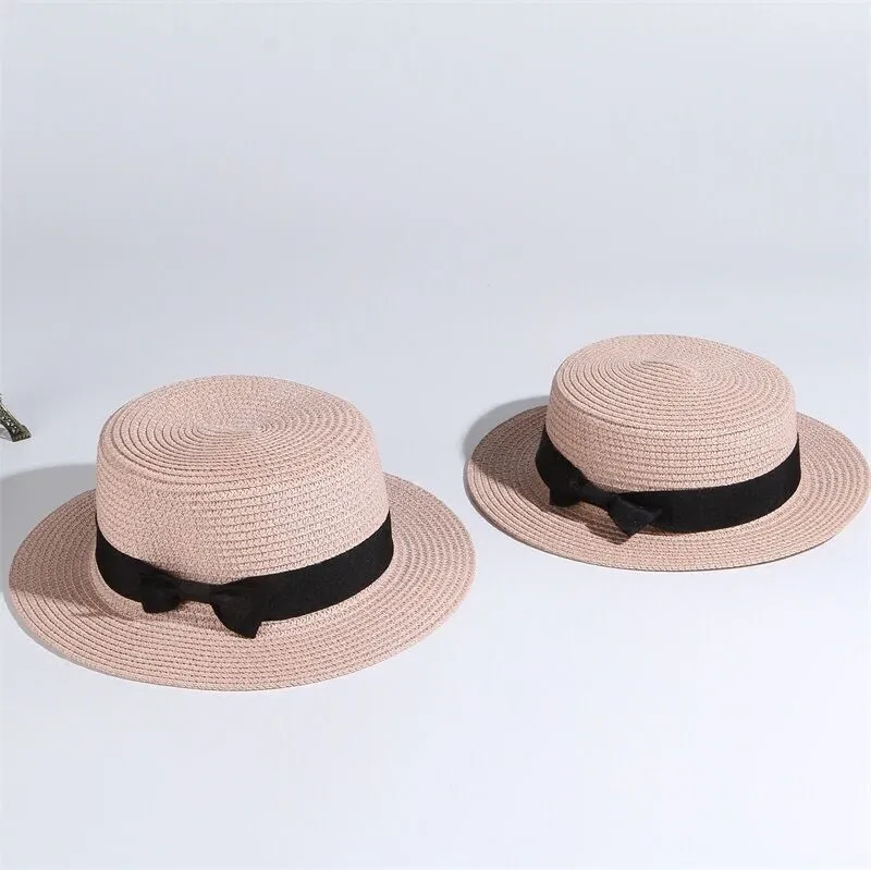 2023 simple Summer Parent-child Beach Hat Female Casual Panama Hat Lady Brand Women Flat brim Bowknot Straw cap girls Sun Hat