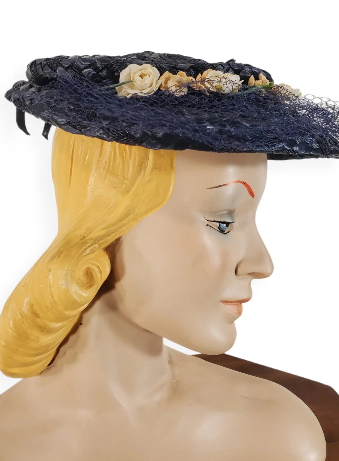 50s Veil Hat in Blue Straw