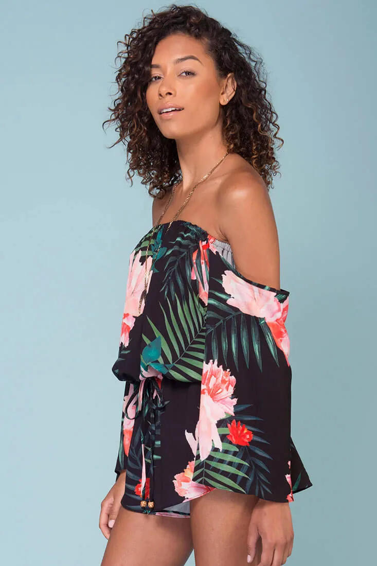 Alyssa Floral Off The Shoulder Romper Black