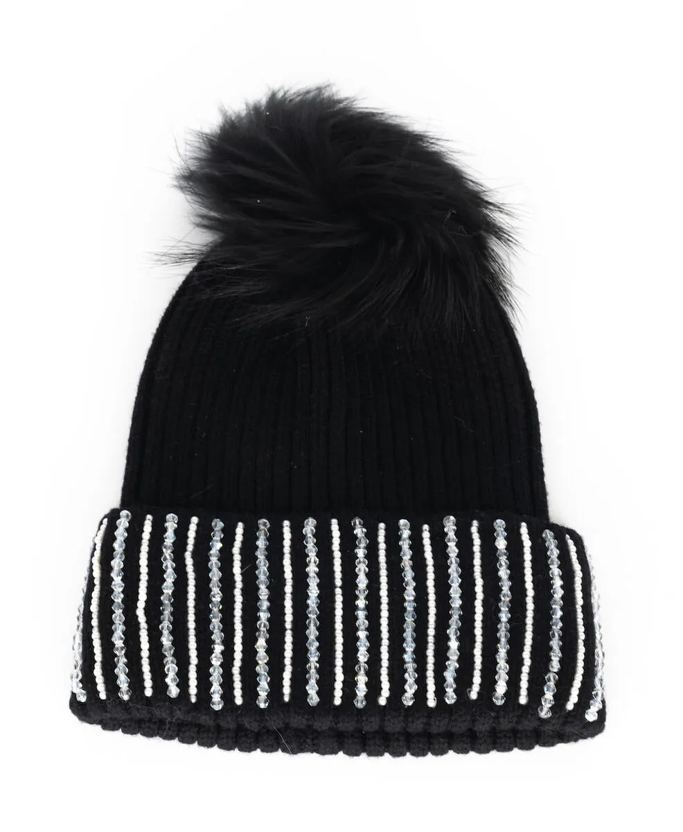 Bari Lynn Crystal Cuff Pom Hat - Black