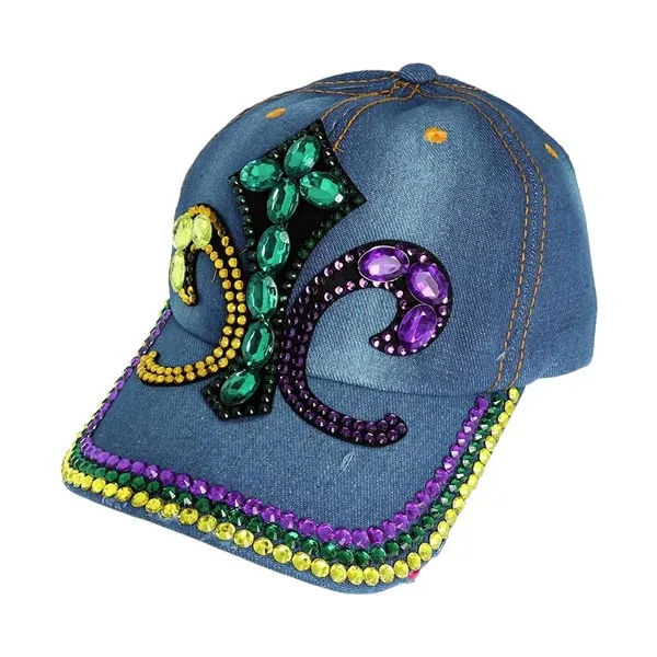 Bling Studded Mardi Gras Fleur de Lis Baseball Cap