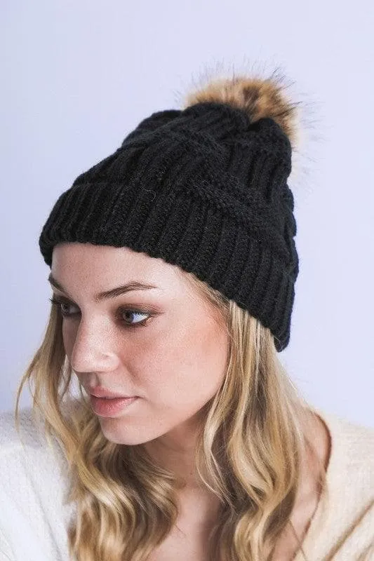 Braided Knitted Fur Pom Pom Beanie