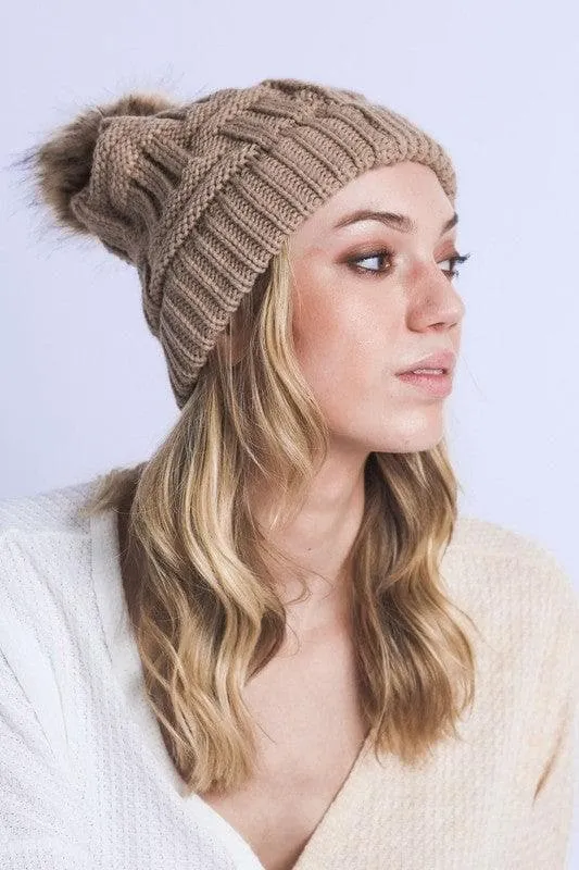 Braided Knitted Fur Pom Pom Beanie