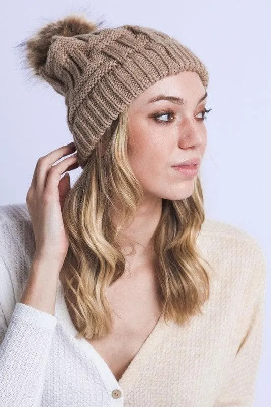 Braided Knitted Fur Pom Pom Beanie