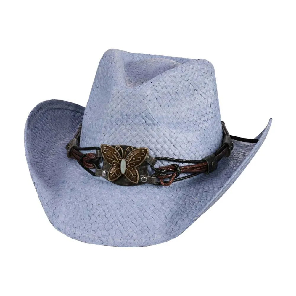 Butterfly Accented Faux Leather Band Straw Cowboy Hat