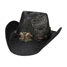 Butterfly Accented Faux Leather Band Straw Cowboy Hat