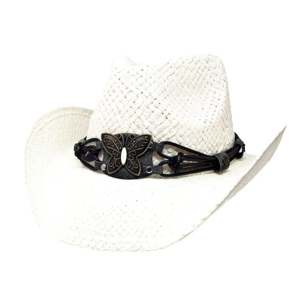 Butterfly Accented Faux Leather Band Straw Cowboy Hat