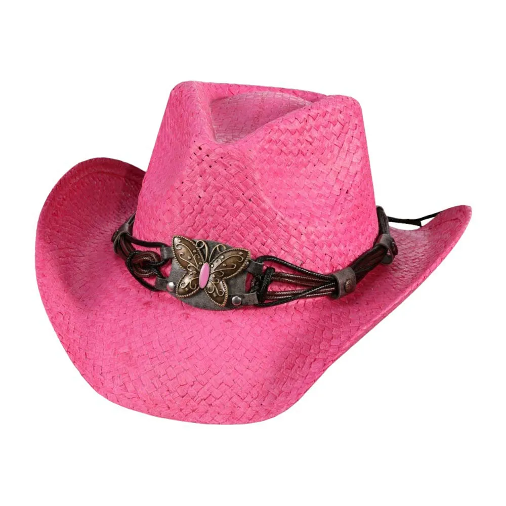 Butterfly Accented Faux Leather Band Straw Cowboy Hat