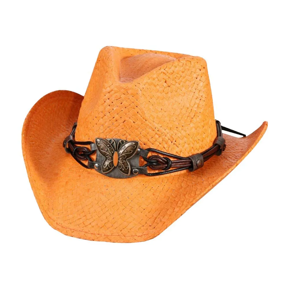 Butterfly Accented Faux Leather Band Straw Cowboy Hat