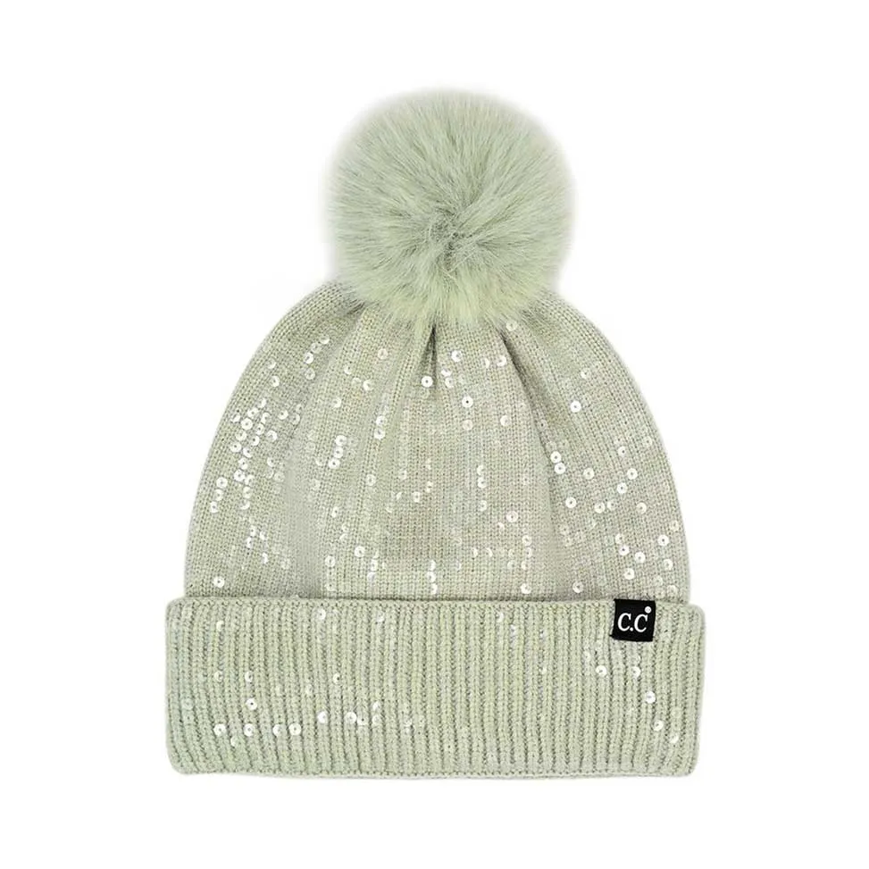 C.C All Over Clear Sequin Pom Beanie