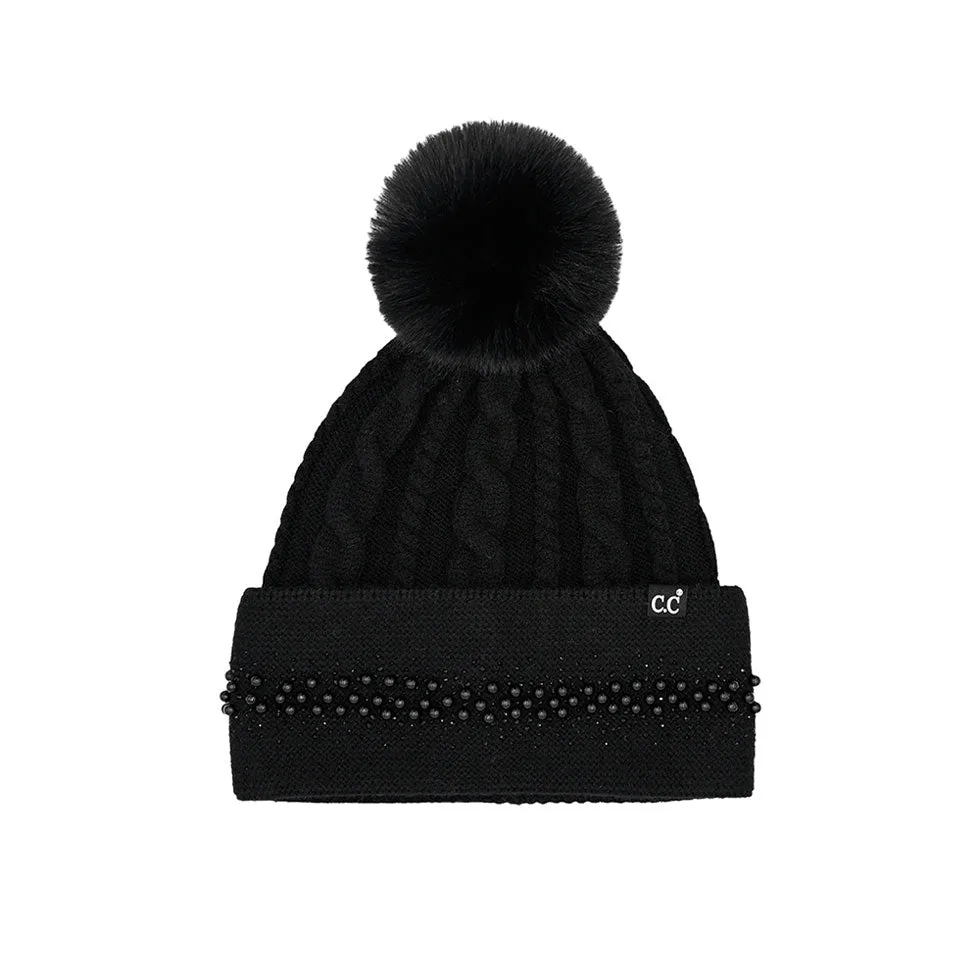 C.C Pearl Rhinestone Embellishment Beanie Faux Fur Pom Pom