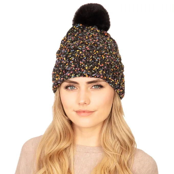 Confetti Cable Knit Pom Pom Beanie Hat