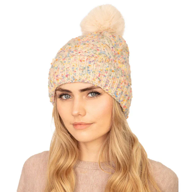 Confetti Cable Knit Pom Pom Beanie Hat