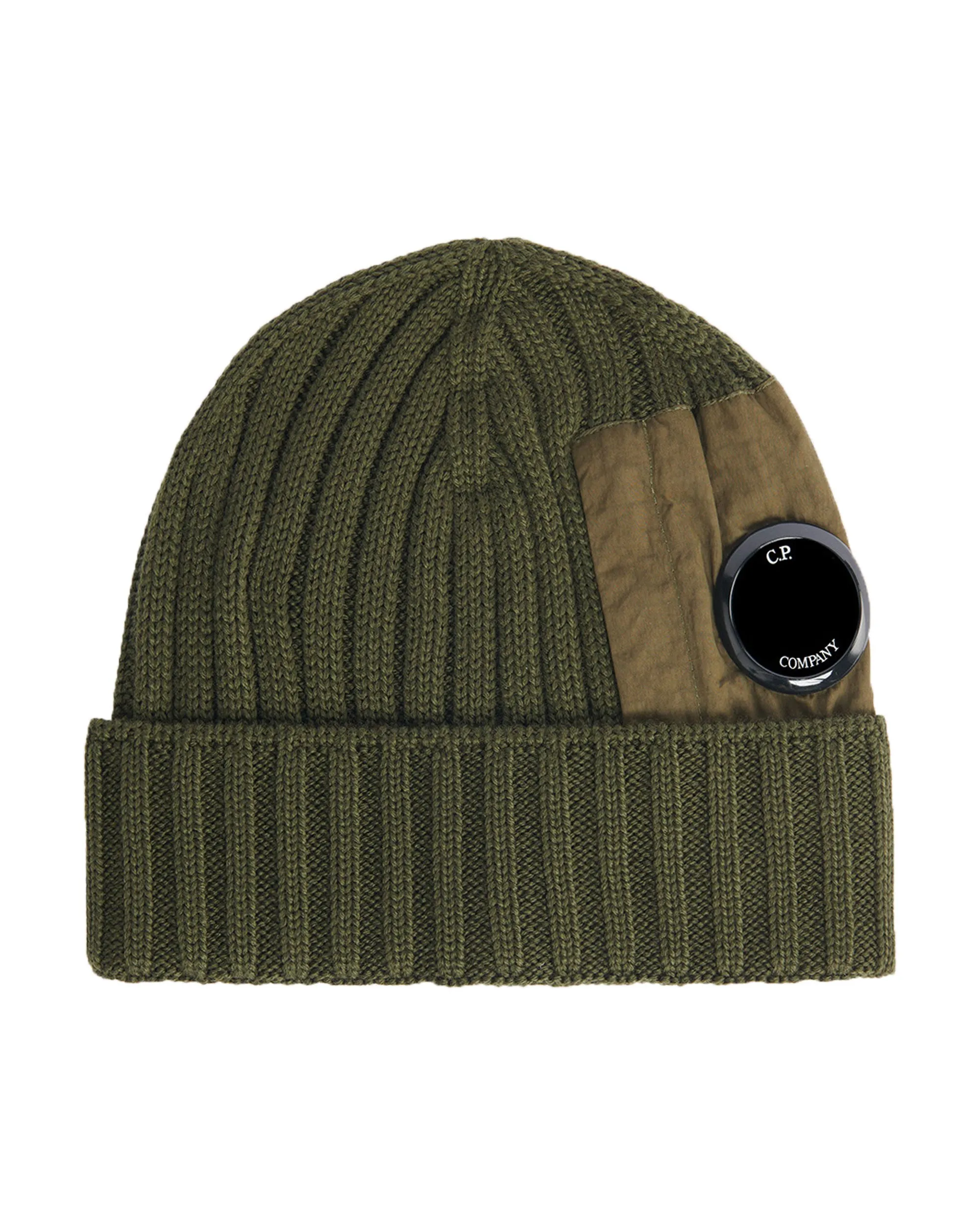 CP Company Ivy Green Extrafine Merino Wool Beanie with Side Lens Detail