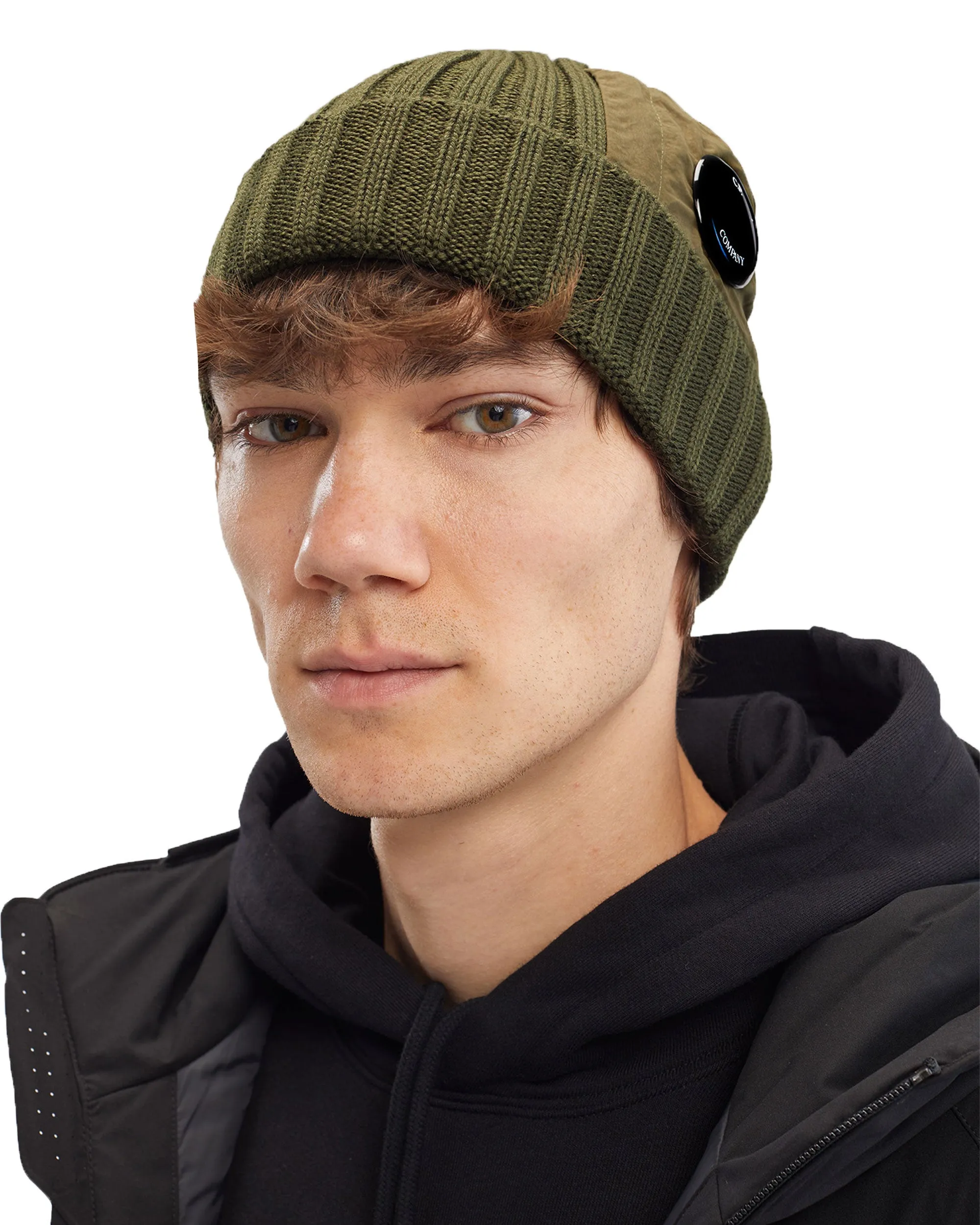 CP Company Ivy Green Extrafine Merino Wool Beanie with Side Lens Detail