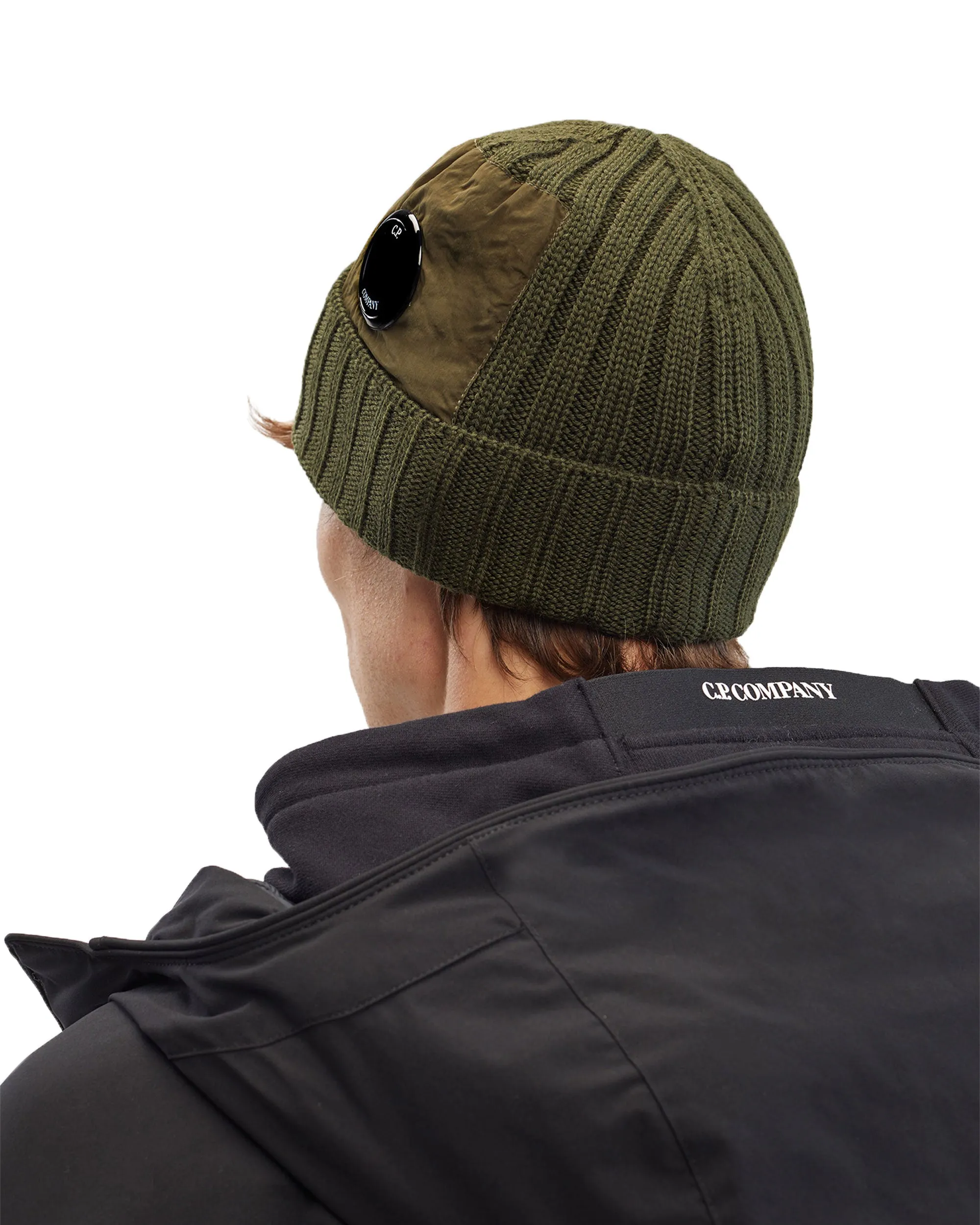 CP Company Ivy Green Extrafine Merino Wool Beanie with Side Lens Detail