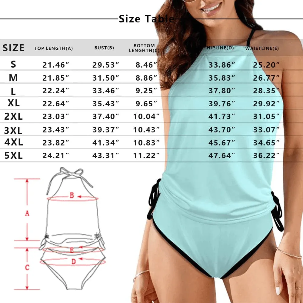 Custom Face Womens Sexy Halter Tummy Control Swimsuit Tankini Top Sets Fashion Two Piece Bathing Suit with Tie Side