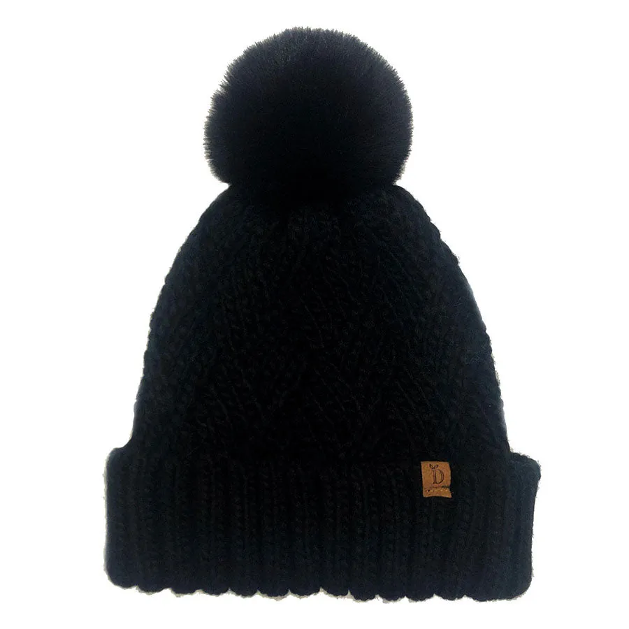 Faux Fur Pom Pom Cable Knit Beanie Hat