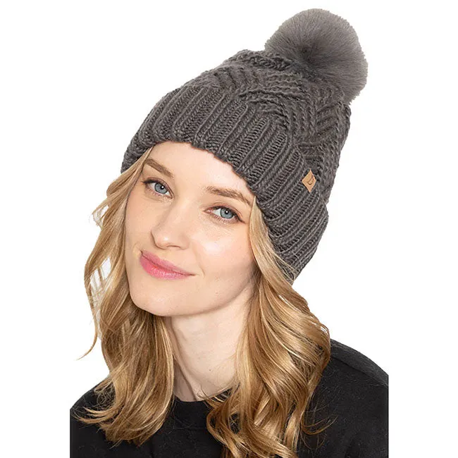 Faux Fur Pom Pom Cable Knit Beanie Hat