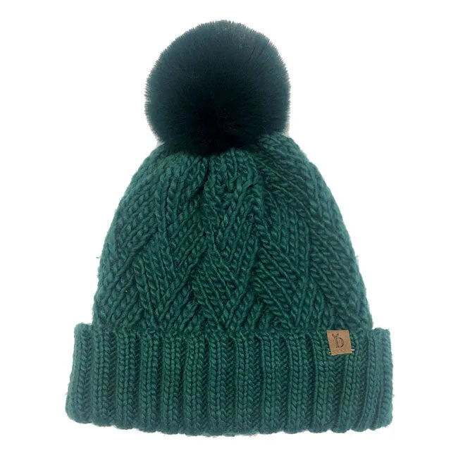 Faux Fur Pom Pom Cable Knit Beanie Hat