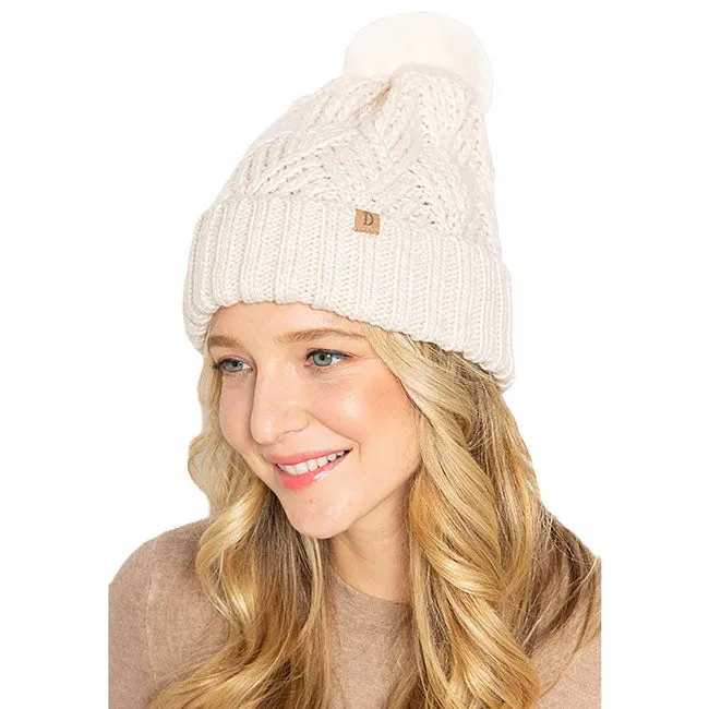 Faux Fur Pom Pom Cable Knit Beanie Hat