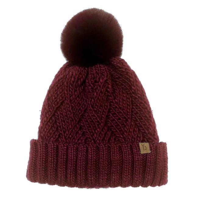 Faux Fur Pom Pom Cable Knit Beanie Hat