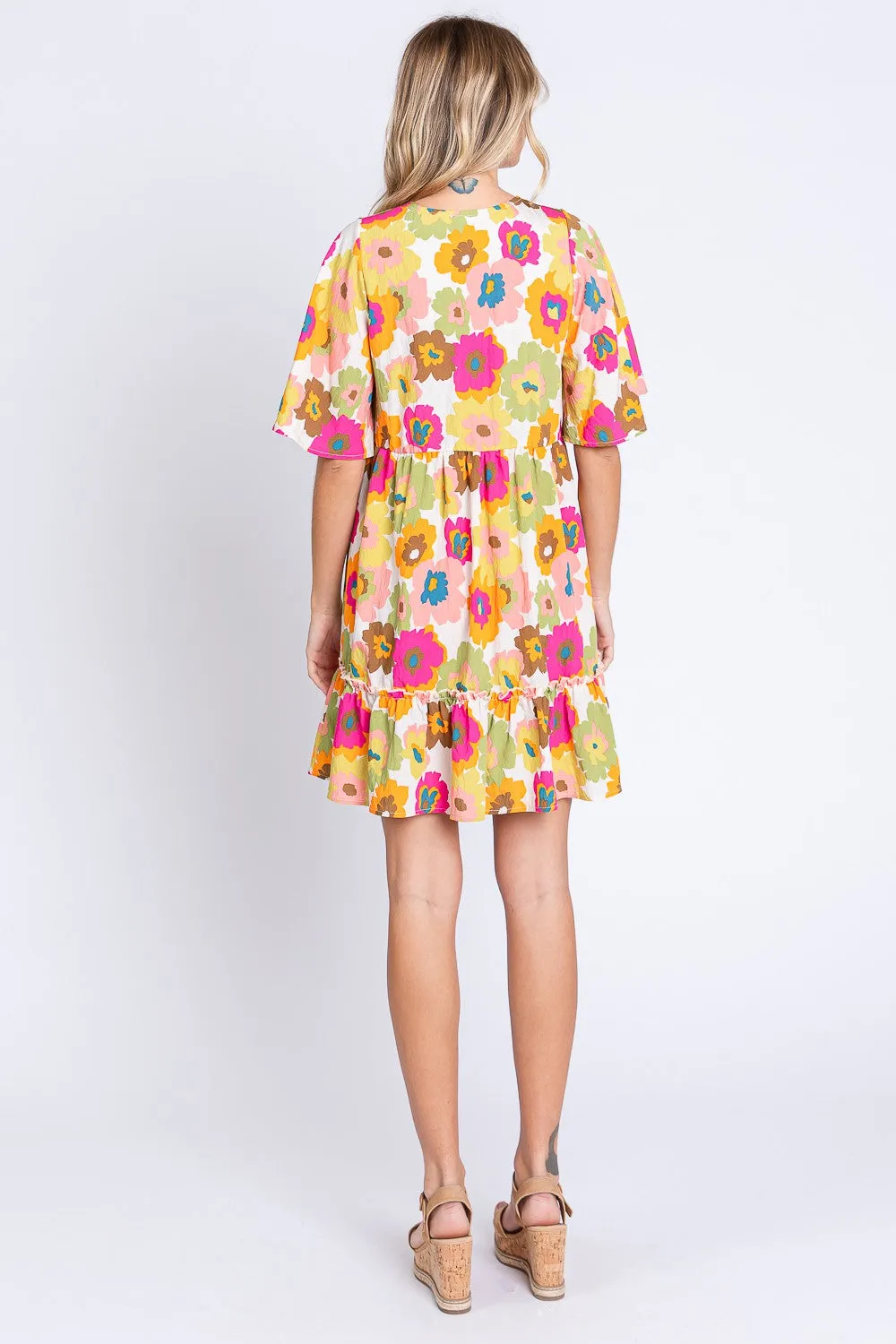 GeeGee Floral V-Neck Ruffle Hem Mini Dress