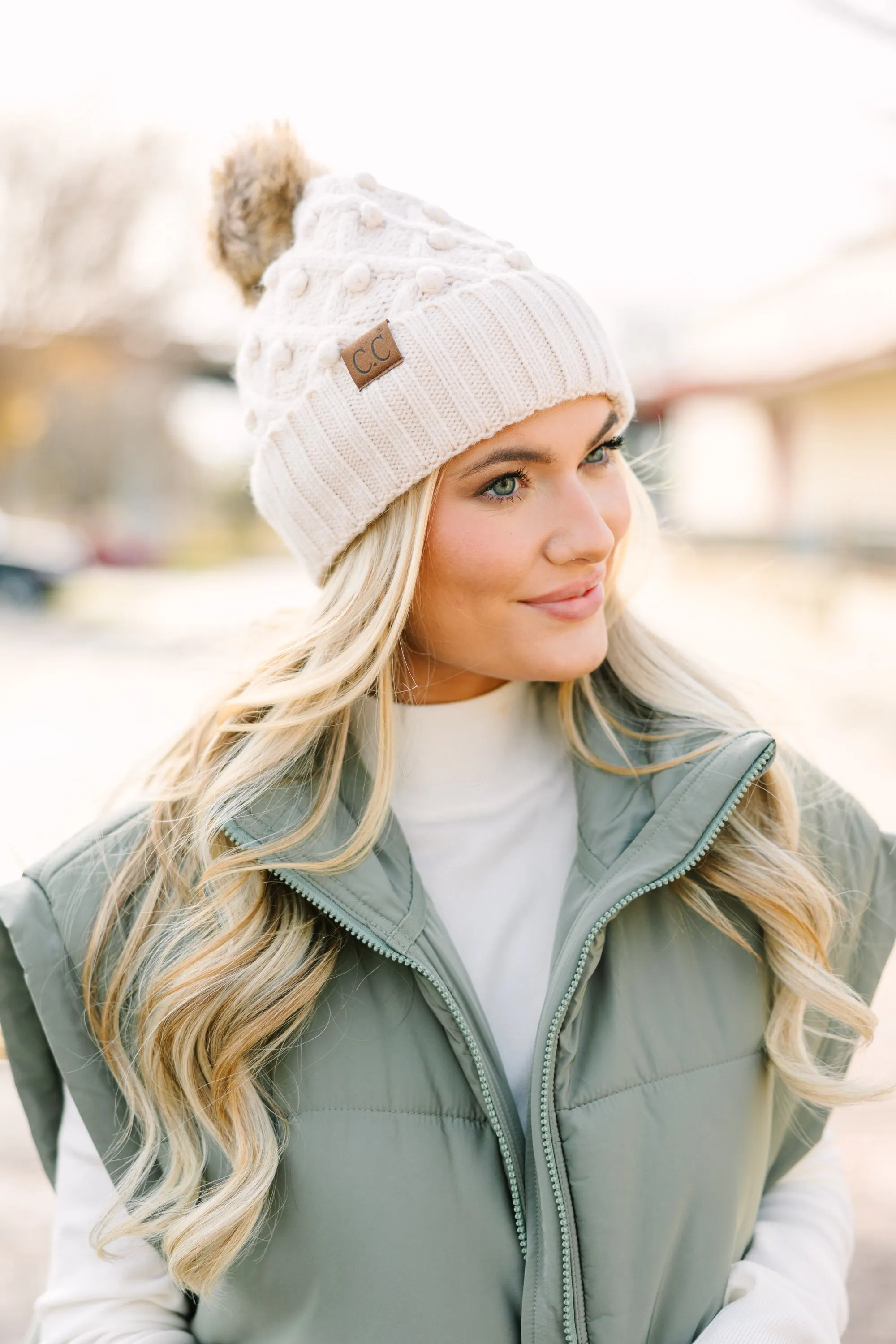 Get Going Beige CC Pompom Beanie