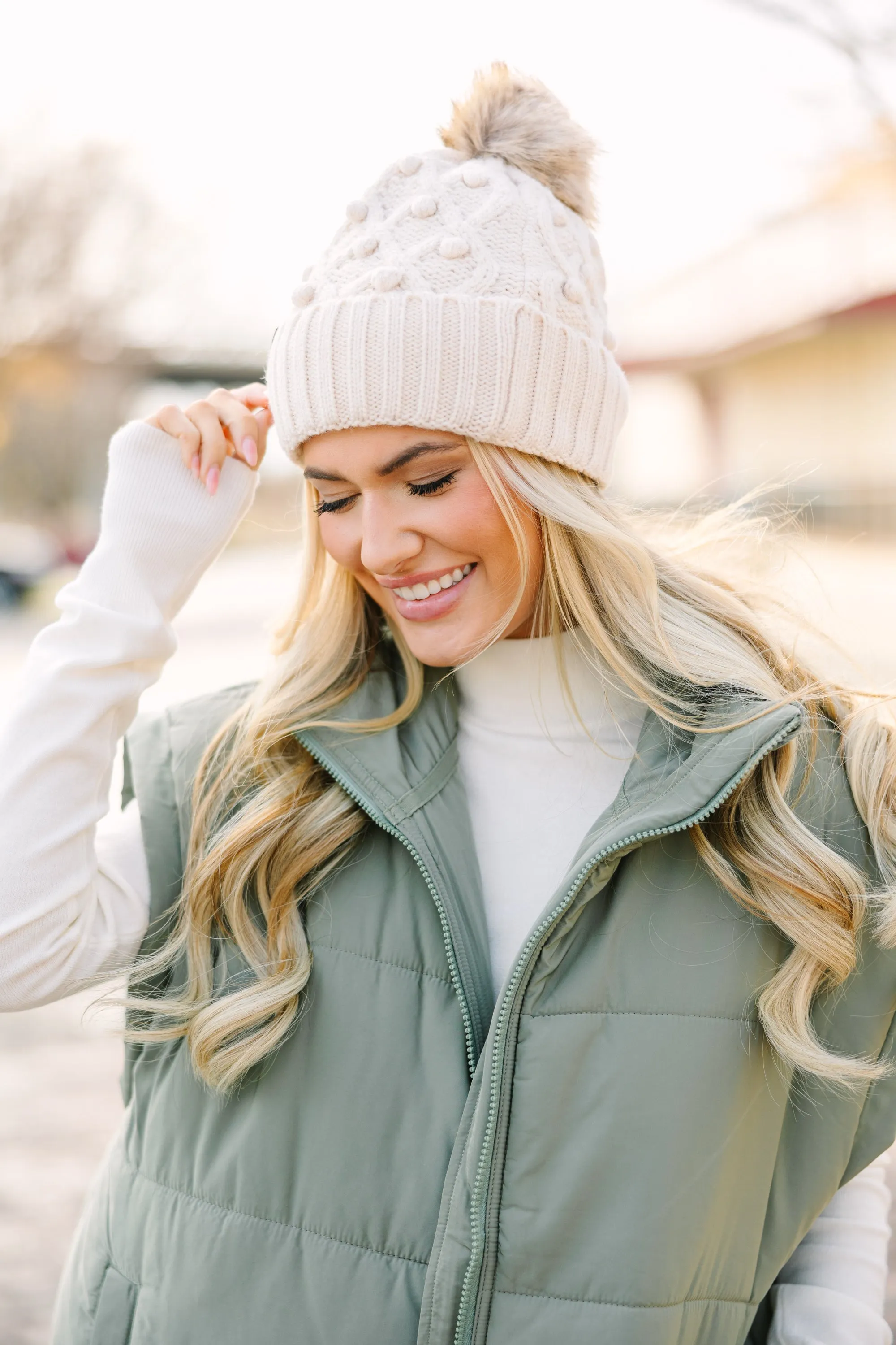 Get Going Beige CC Pompom Beanie