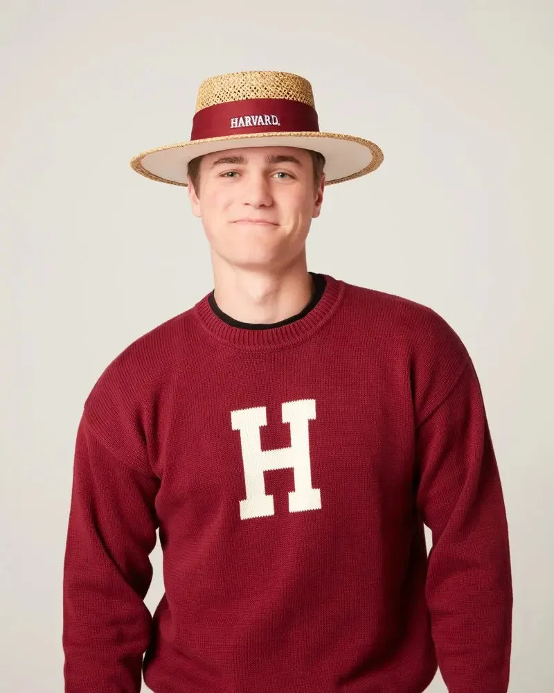 Harvard-Inspired Straw Hat - Stylish Sun Protection Accessory for Outdoor Activities