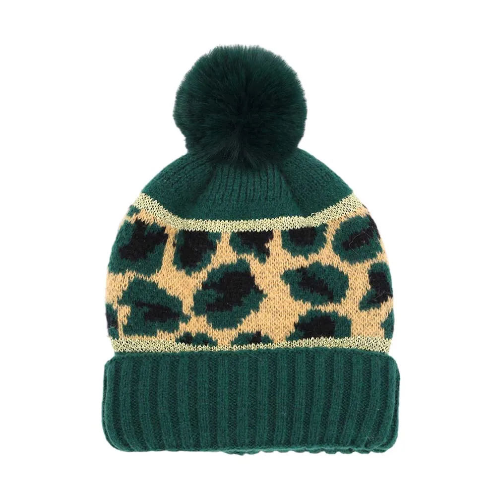 Leopard Patterned Pom Pom Beanie Hat