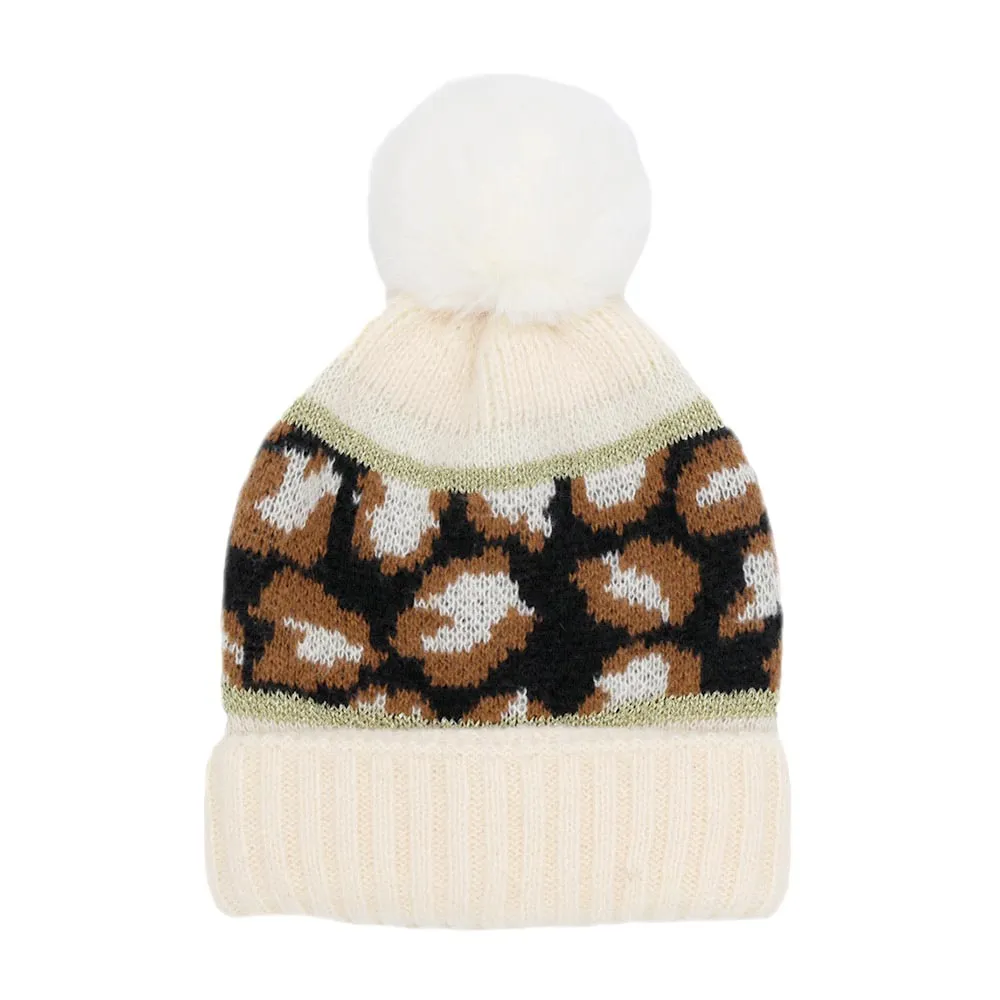 Leopard Patterned Pom Pom Beanie Hat