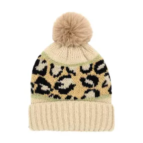 Leopard Patterned Pom Pom Beanie Hat