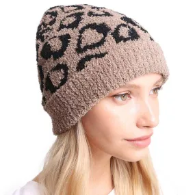 Leopard Patterned Soft Knit Beanie Hat