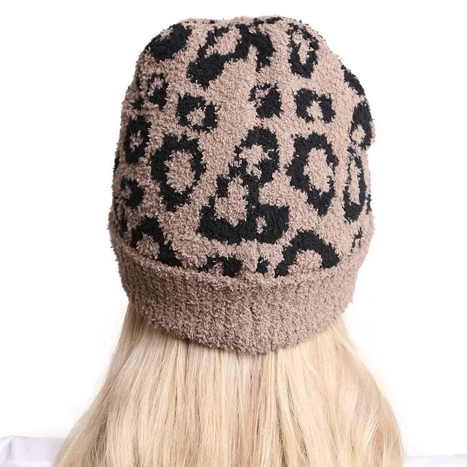 Leopard Patterned Soft Knit Beanie Hat