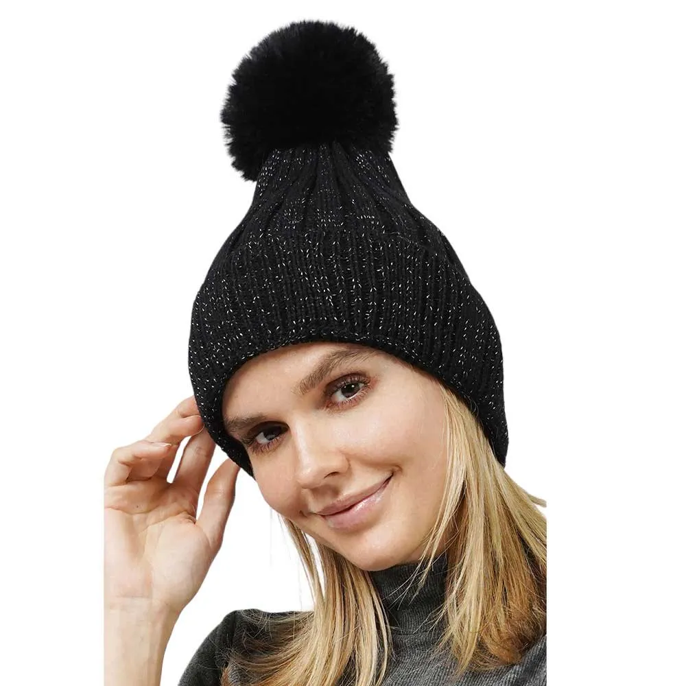 Lurex Ribbed Knit Pom Pom Beanie Hat