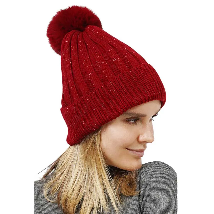 Lurex Ribbed Knit Pom Pom Beanie Hat