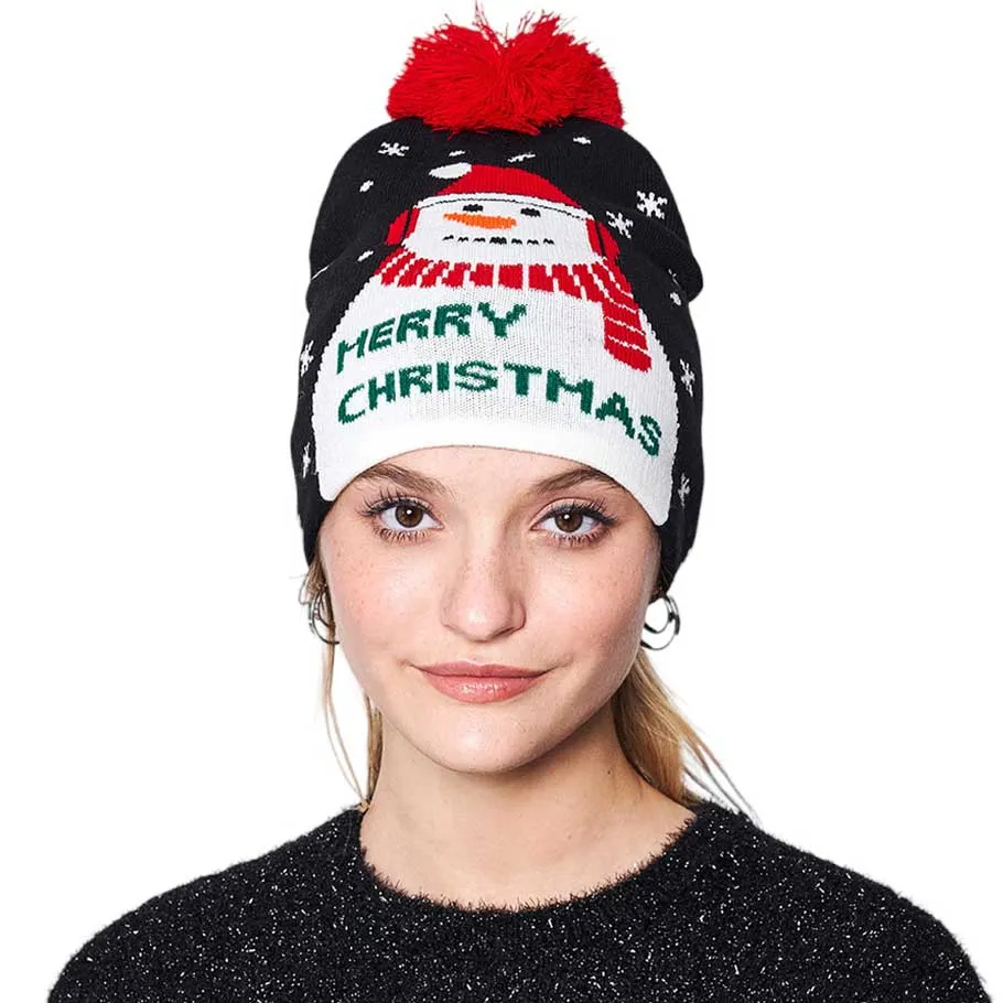 Merry Christmas Message Snowman Pom Pom Beanie Hat