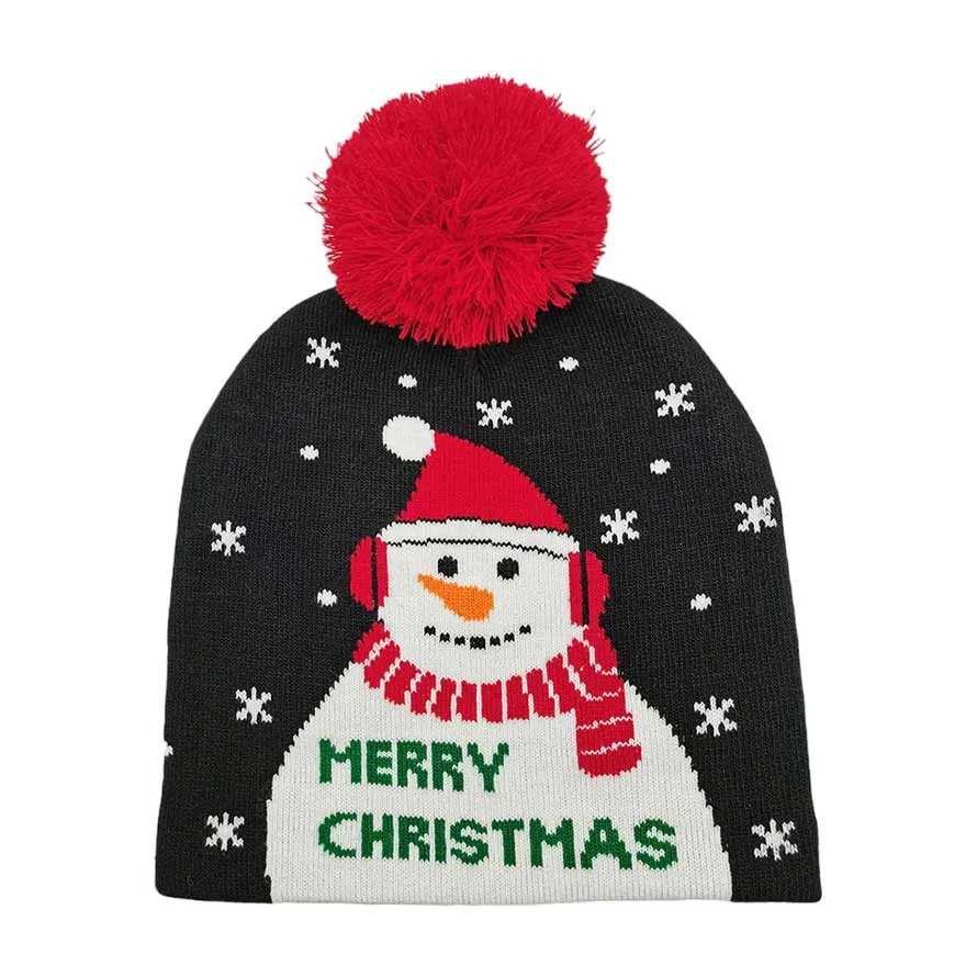 Merry Christmas Message Snowman Pom Pom Beanie Hat