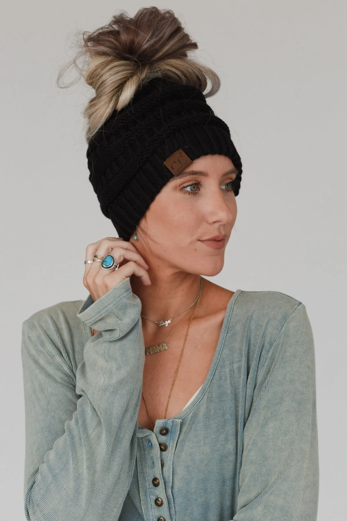 Messy Bun Knitted Beanie Hat - Black