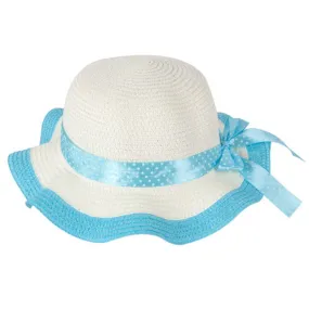 Momo Grow Girls Molly Blue Trimmed Floppy Sun Hat with Polka Dot Ribbon