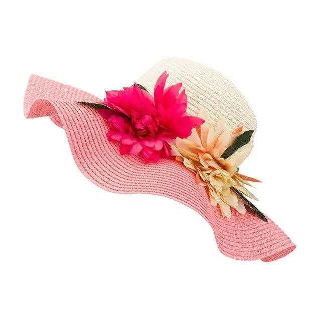 Mother-Daughter Floppy Large Brim Straw Sun Hat with Flowers