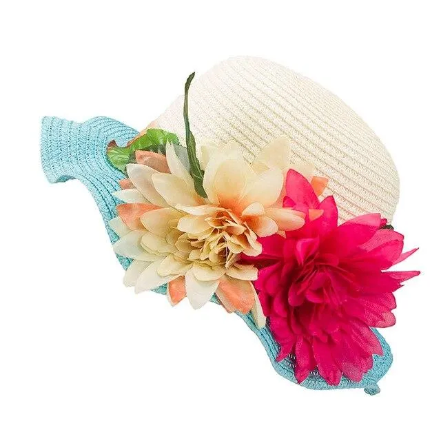 Mother-Daughter Floppy Large Brim Straw Sun Hat with Flowers