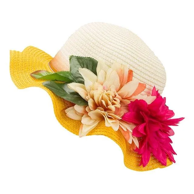 Mother-Daughter Floppy Large Brim Straw Sun Hat with Flowers