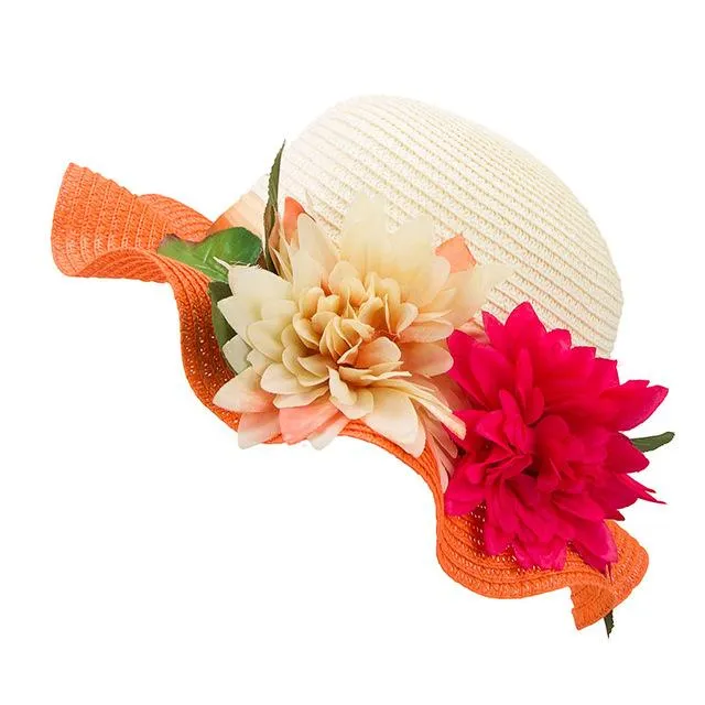 Mother-Daughter Floppy Large Brim Straw Sun Hat with Flowers