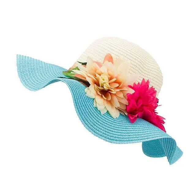 Mother-Daughter Floppy Large Brim Straw Sun Hat with Flowers