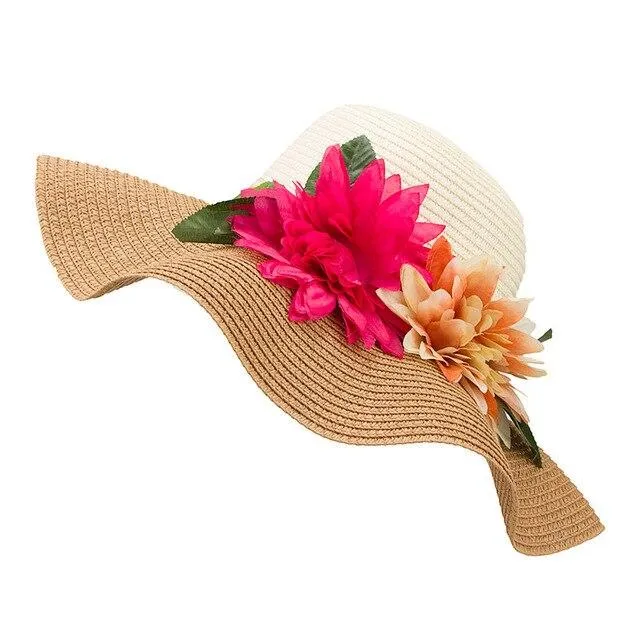 Mother-Daughter Floppy Large Brim Straw Sun Hat with Flowers