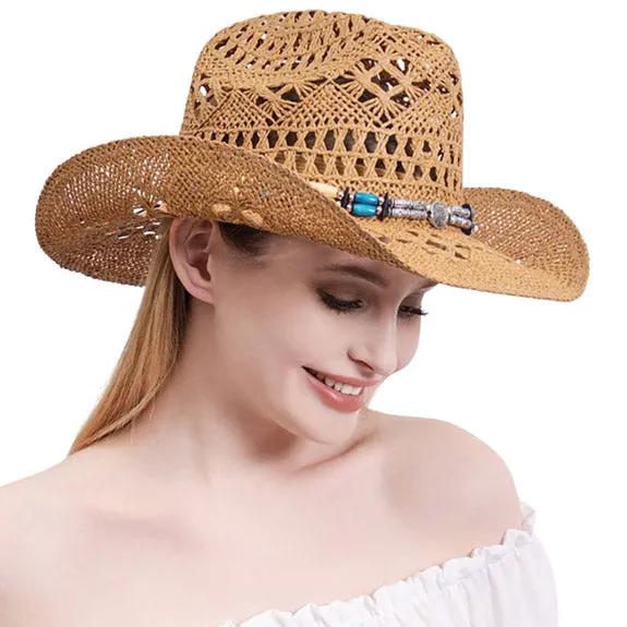 Natural Stone Wood Accented Straw Cowboy Sun Hat