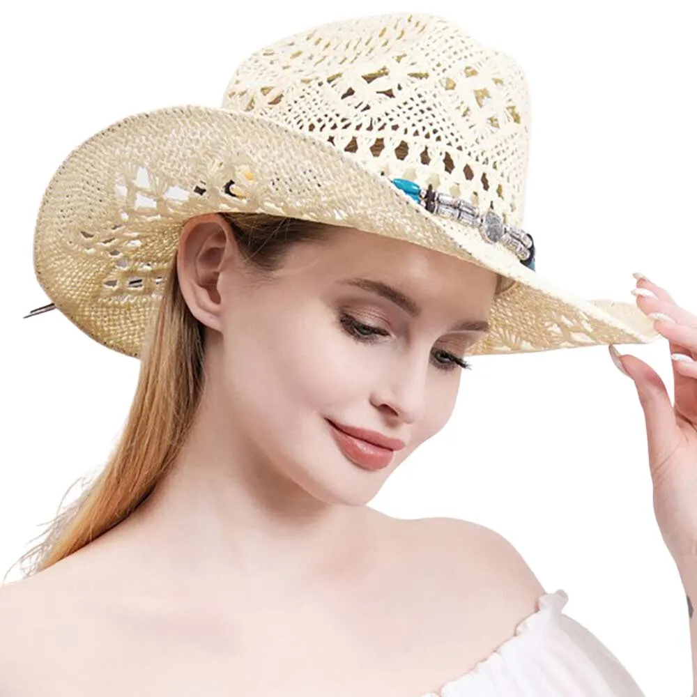 Natural Stone Wood Accented Straw Cowboy Sun Hat