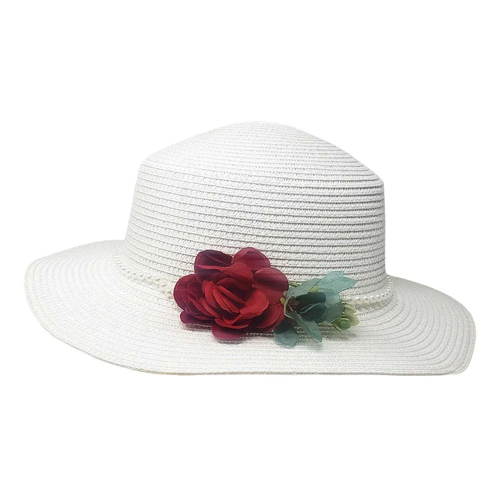 Pearl Band Rose Corsage Pointed Raffia Sun Hat